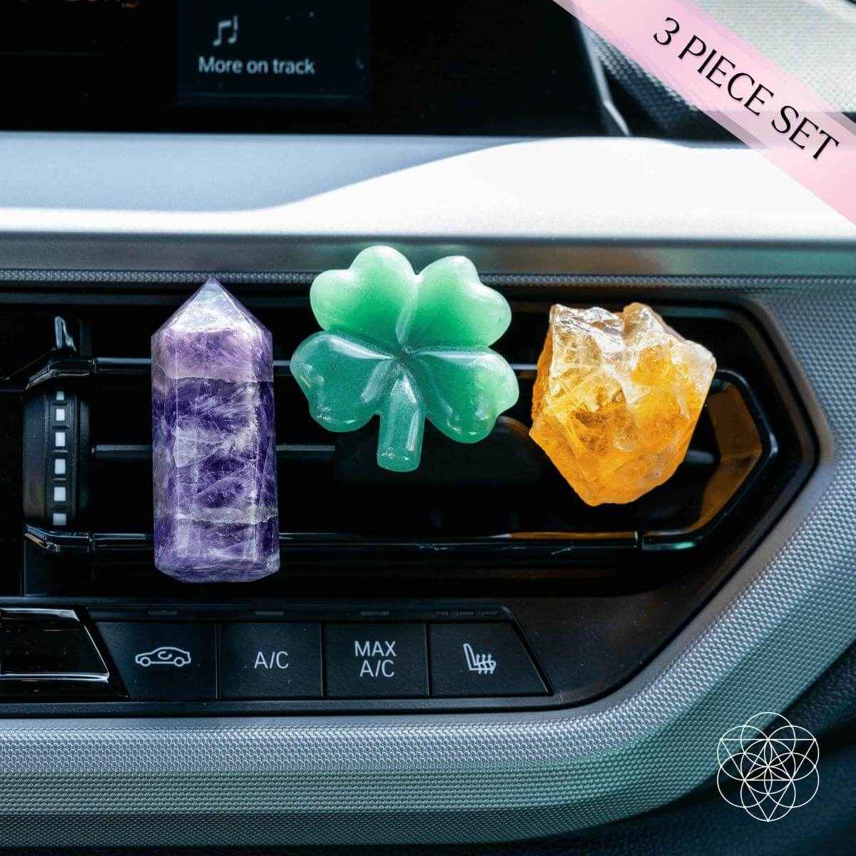 Car air vent crystal kit: purple tower, green clover, orange crystal with clips