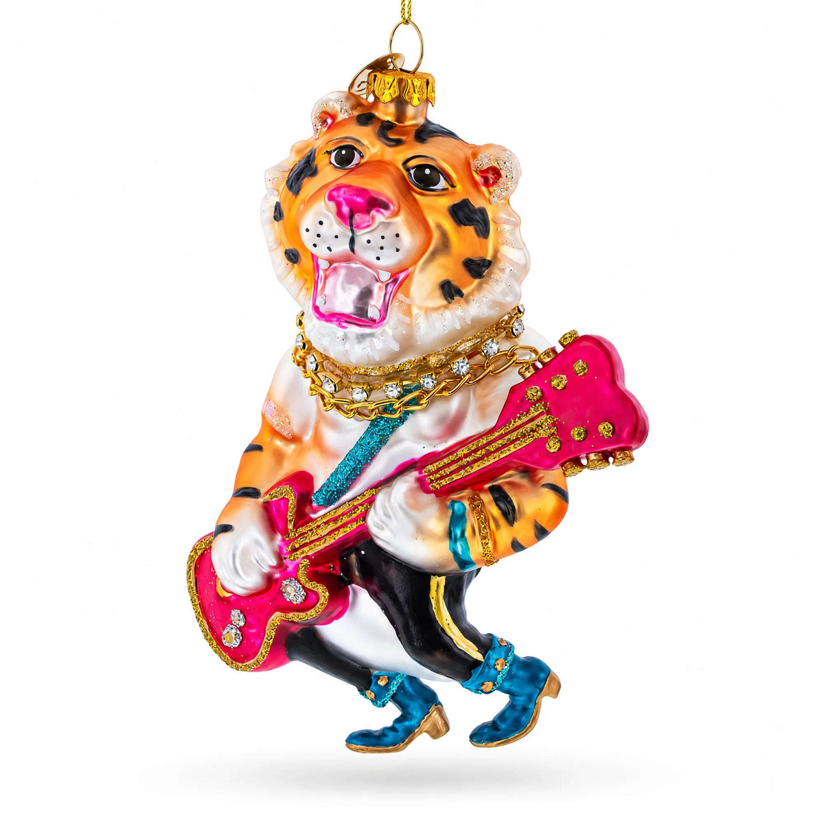 Rockstar Tiger with Guitar Glass Christmas Ornament Cartsfy Inc.
