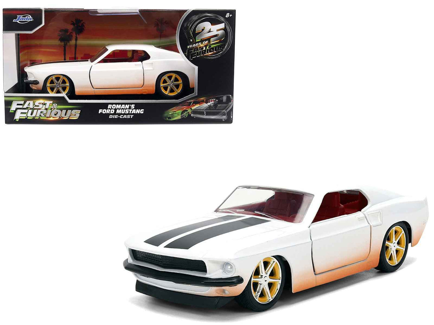 Roman's Ford Mustang White with Black Stripes and Red Interior (Dirty Version) "Fast & Furious" Movie "Fast & Furious 25th Anniversary" Series 1/32 Diecast Model Car by Jada Cartsfy Inc.