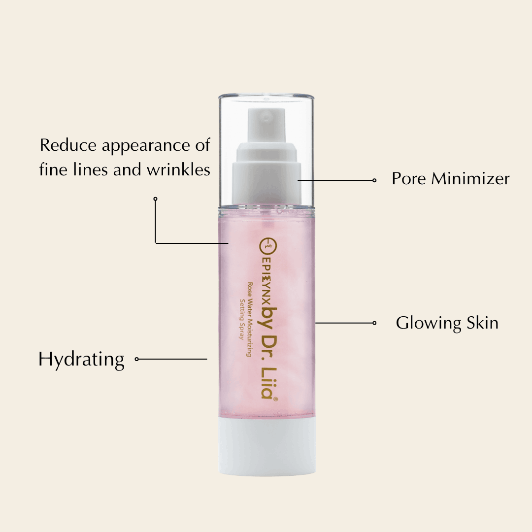 Rosewater facial toner bottle with arrows pointing to pore minimizer and hydration