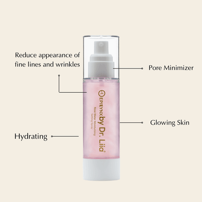 Rosewater facial toner bottle with arrows pointing to pore minimizer and hydration