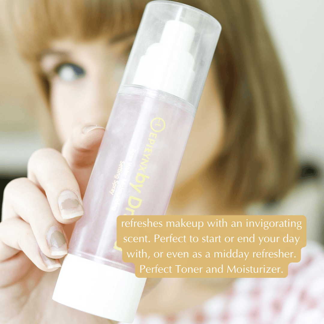 Rosewater facial toner bottle held in hand with visible spray mist nozzle