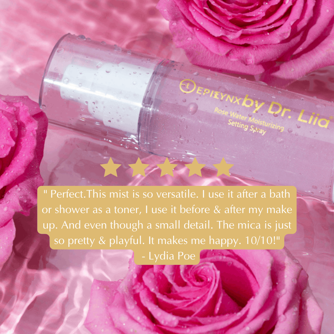 Rosewater facial toner spray bottle with rose-pink label and star rating overlay