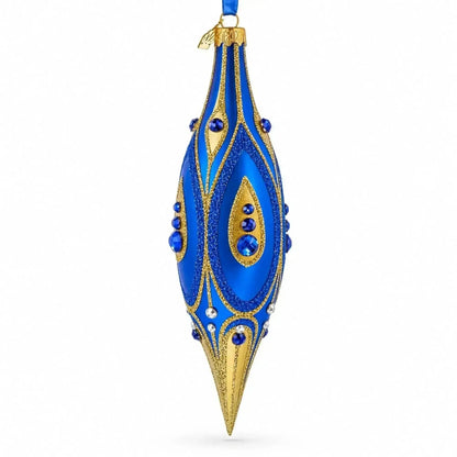 Royal Blue and Gold Jeweled Elongated Pointed Teardrop Finial Glass Christmas Ornament Cartsfy Inc.
