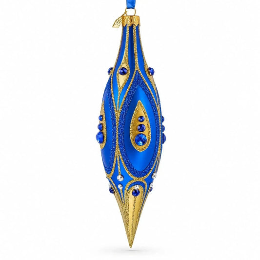 Royal Blue and Gold Jeweled Elongated Pointed Teardrop Finial Glass Christmas Ornament Cartsfy Inc.