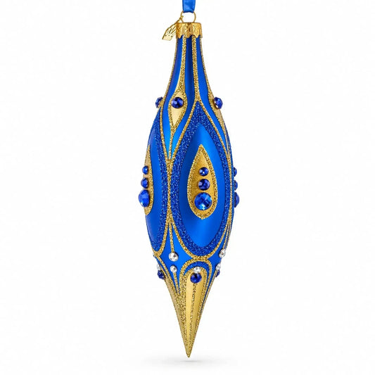 Royal Blue and Gold Jeweled Elongated Pointed Teardrop Finial Glass Christmas Ornament Cartsfy Inc.