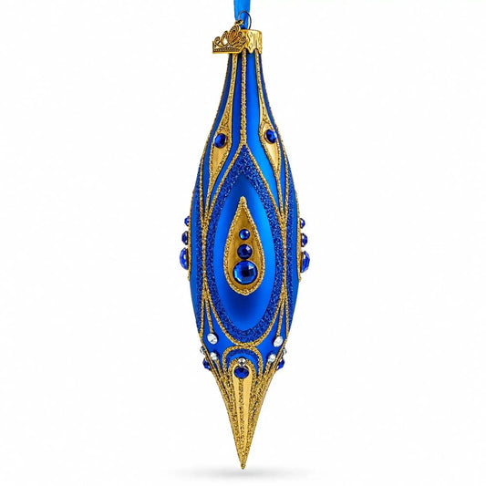 Royal Blue and Gold Jeweled Elongated Pointed Teardrop Finial Glass Christmas Ornament Cartsfy Inc.