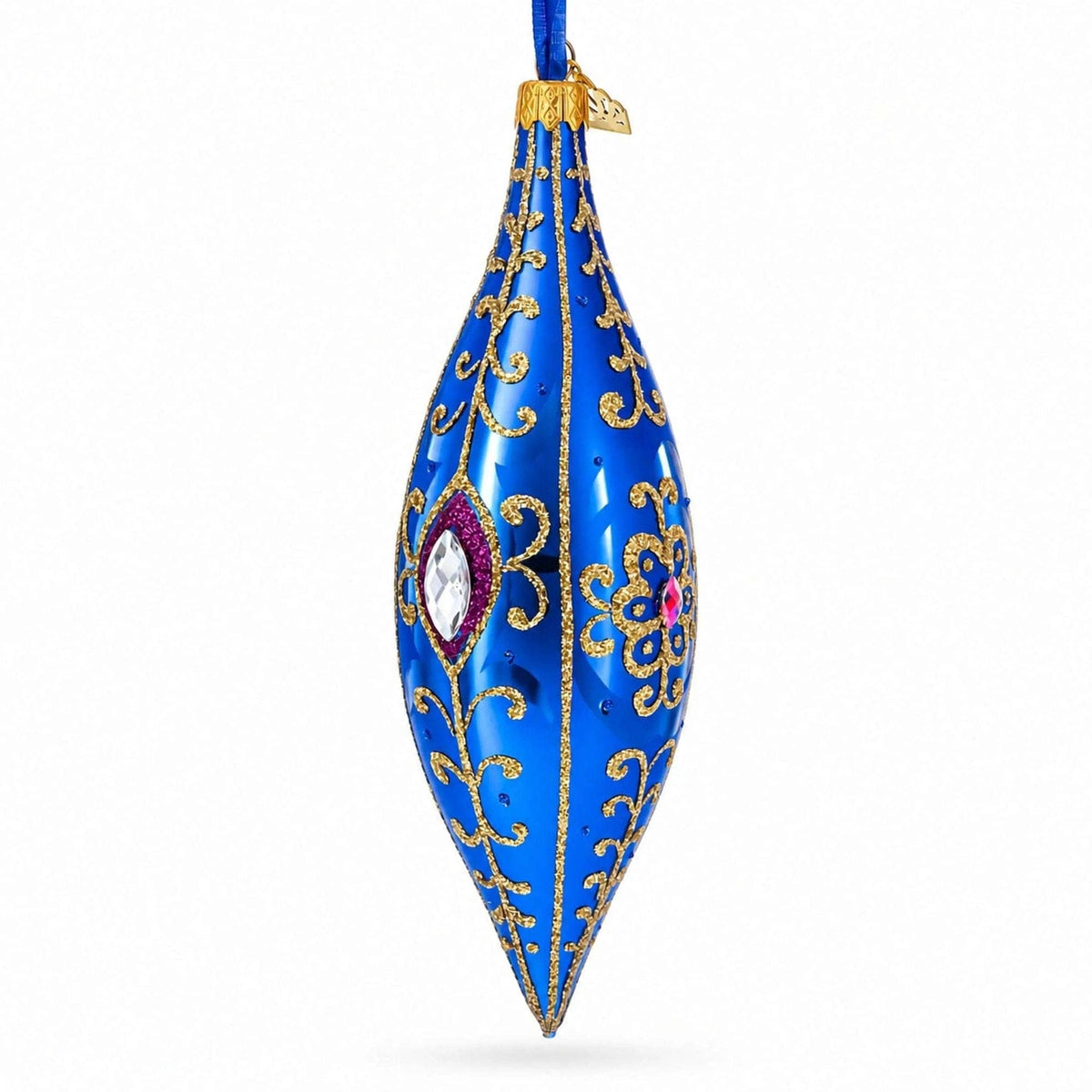 Royal Blue Jewel Scroll Elongated Pointed Teardrop Finial Glass Christmas Ornament BestPysanky Default Title Default Title-