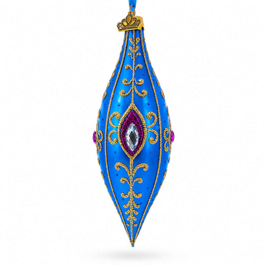 Royal Blue Jewel Scroll Elongated Pointed Teardrop Finial Glass Christmas Ornament BestPysanky Default Title Default Title-