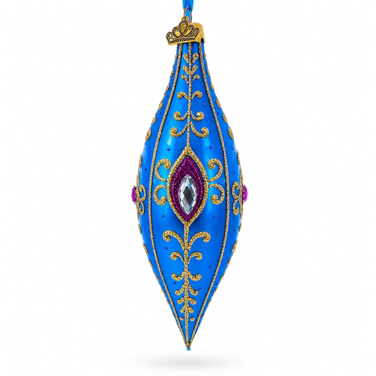 Royal Blue Jewel Scroll Elongated Pointed Teardrop Finial Glass Christmas Ornament BestPysanky Default Title Default Title-