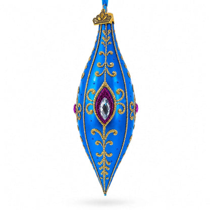 Royal Blue Jewel Scroll Elongated Pointed Teardrop Finial Glass Christmas Ornament BestPysanky Default Title Default Title-