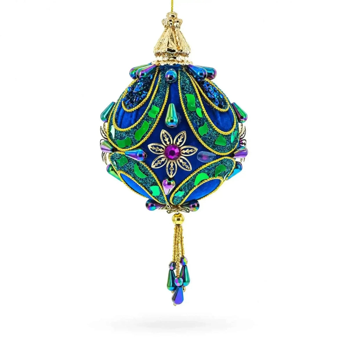 Royal Blue Jeweled  Gold Filigree Accents and Tassels Christmas Ornament Cartsfy Inc.