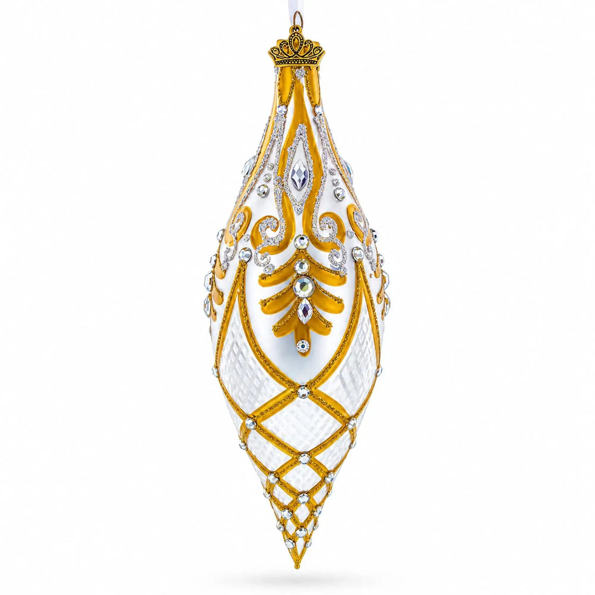 Gold & White Baroque-Style Gem-Encrusted Elongated Pointed Teardrop Finial Glass Christmas Ornament