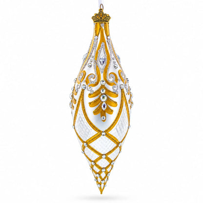 Gold & White Baroque-Style Gem-Encrusted Elongated Pointed Teardrop Finial Glass Christmas Ornament