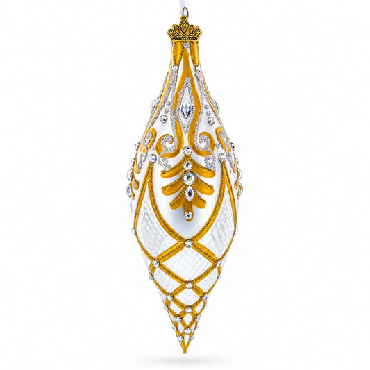 Gold & White Baroque-Style Gem-Encrusted Elongated Pointed Teardrop Finial Glass Christmas Ornament BestPysanky Default Title Default Title-