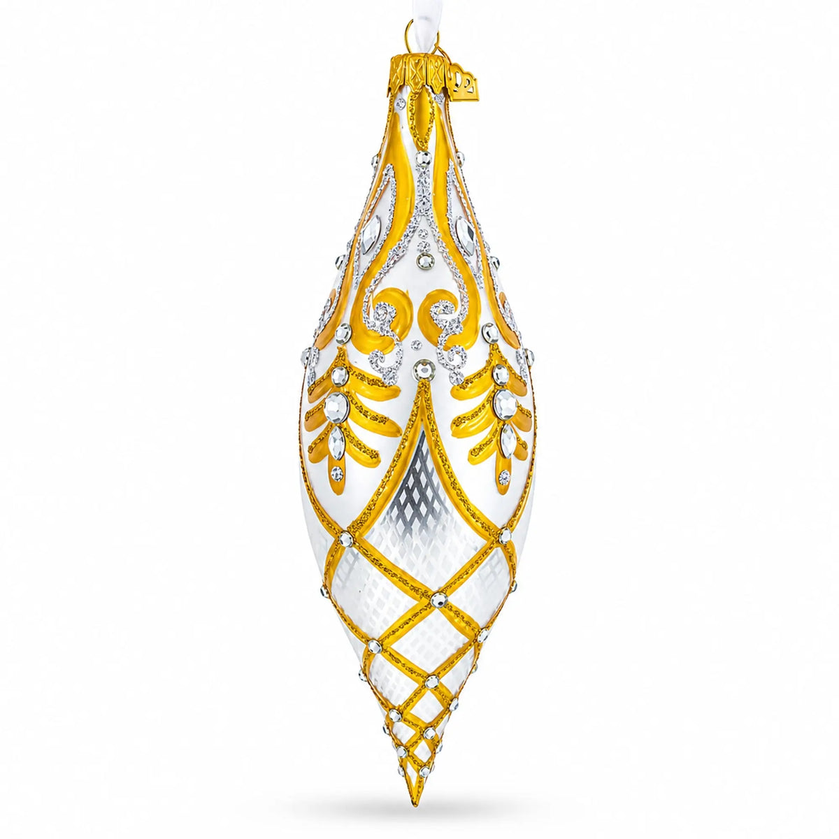 Gold & White Baroque-Style Gem-Encrusted Elongated Pointed Teardrop Finial Glass Christmas Ornament