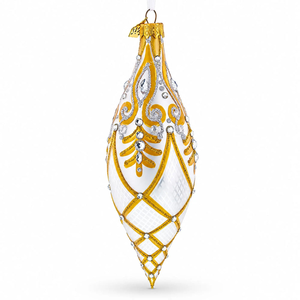Gold & White Baroque-Style Gem-Encrusted Elongated Pointed Teardrop Finial Glass Christmas Ornament
