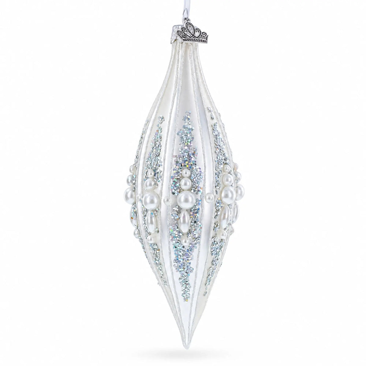 Pearl and Glitter Jeweled Elongated Pointed Teardrop Finial Glass Christmas Ornament