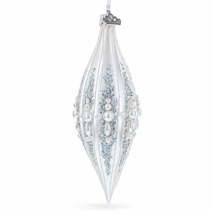 Pearl and Glitter Jeweled Elongated Pointed Teardrop Finial Glass Christmas Ornament