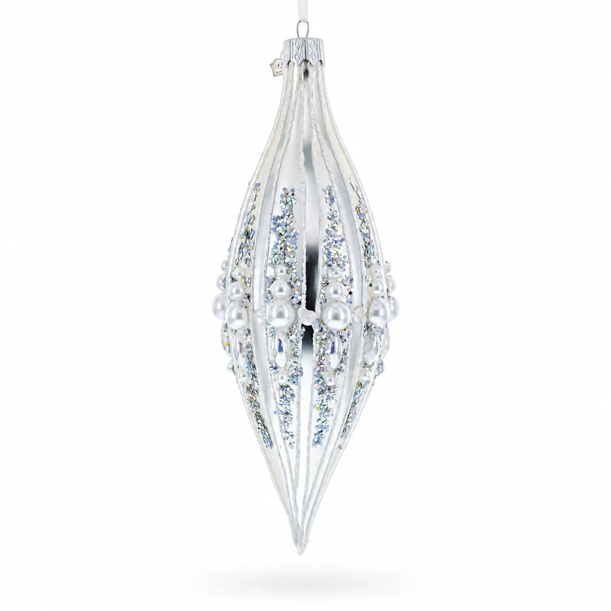 Pearl and Glitter Jeweled Elongated Pointed Teardrop Finial Glass Christmas Ornament