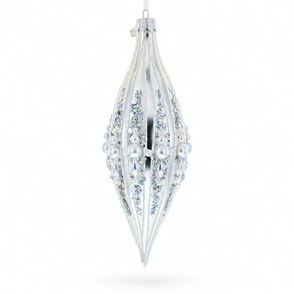 Pearl and Glitter Jeweled Elongated Pointed Teardrop Finial Glass Christmas Ornament