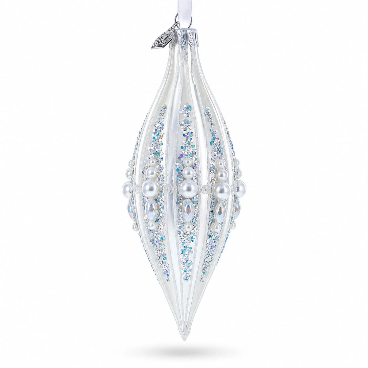 Pearl and Glitter Jeweled Elongated Pointed Teardrop Finial Glass Christmas Ornament