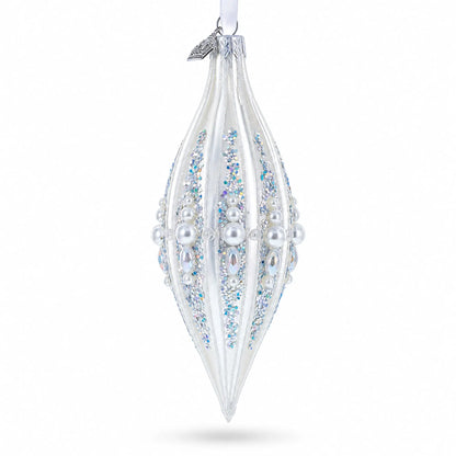 Pearl and Glitter Jeweled Elongated Pointed Teardrop Finial Glass Christmas Ornament