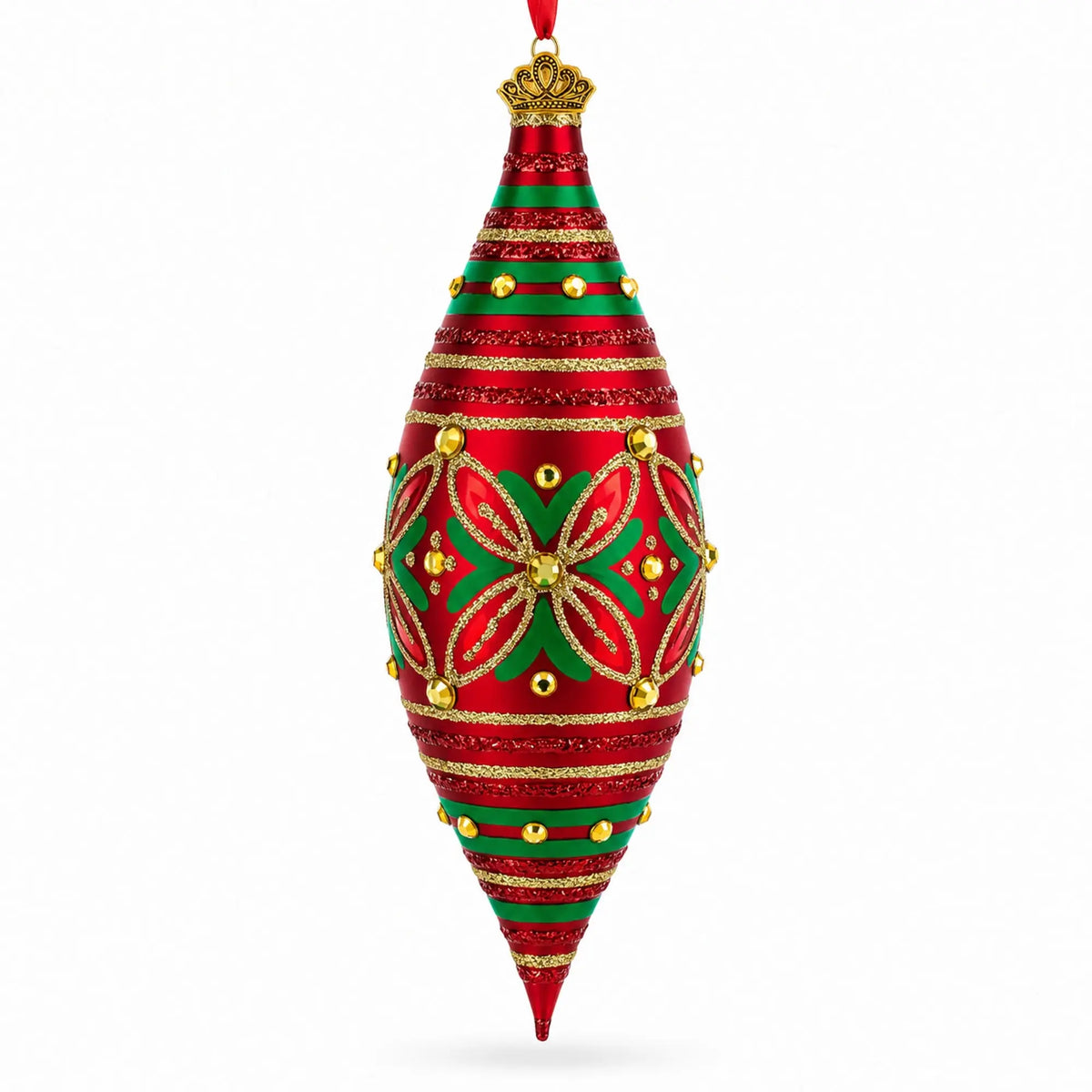 Red and Green Glitter Jeweled Elongated Pointed Teardrop Finial Glass Christmas Ornament