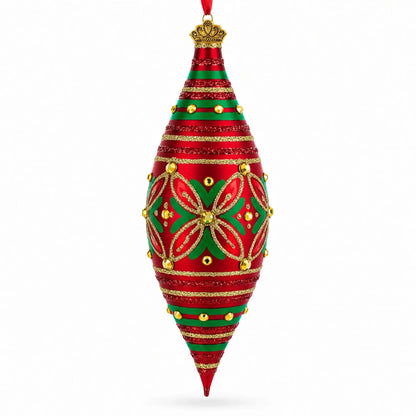 Red and Green Glitter Jeweled Elongated Pointed Teardrop Finial Glass Christmas Ornament