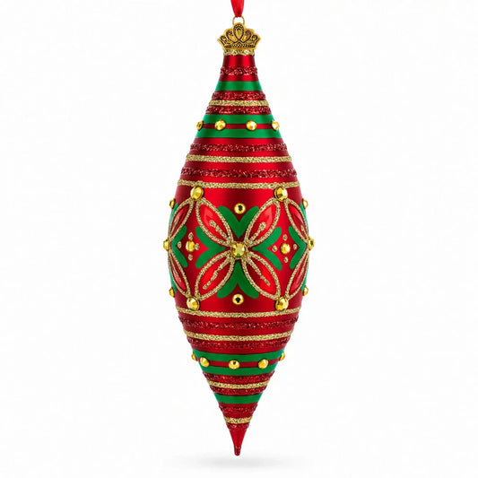 Red and Green Glitter Jeweled Elongated Pointed Teardrop Finial Glass Christmas Ornament BestPysanky Default Title Default Title-
