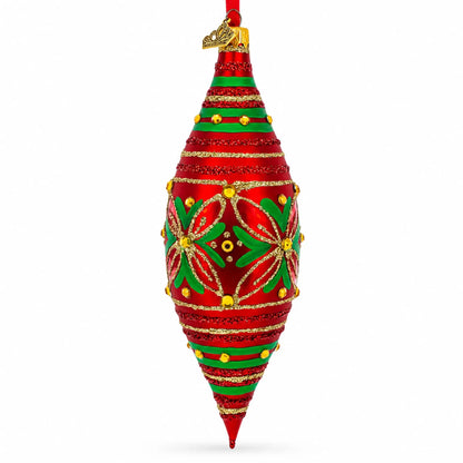 Red and Green Glitter Jeweled Elongated Pointed Teardrop Finial Glass Christmas Ornament