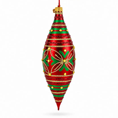 Red and Green Glitter Jeweled Elongated Pointed Teardrop Finial Glass Christmas Ornament