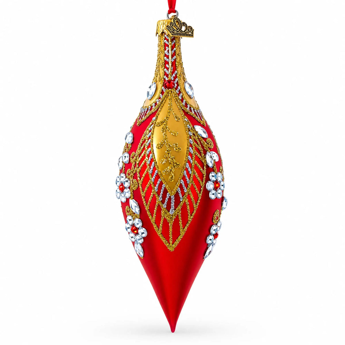 Red and Gold Jewel-Encrusted Elongated Pointed Teardrop Finial Glass Christmas Ornament