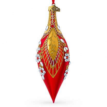 Red and Gold Jewel-Encrusted Elongated Pointed Teardrop Finial Glass Christmas Ornament