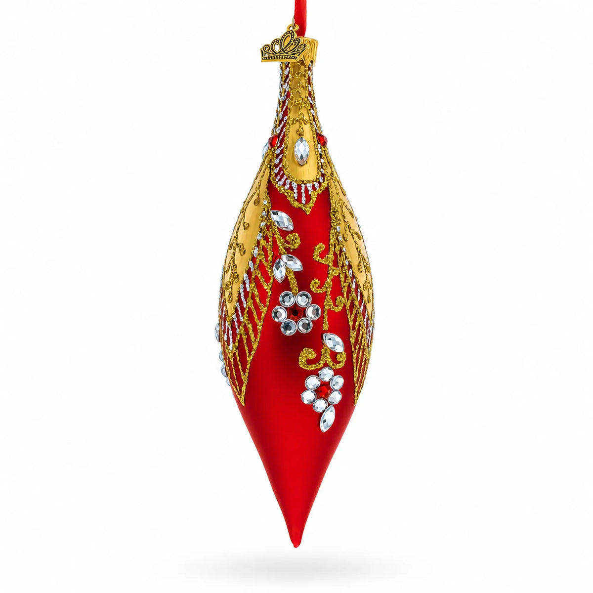 Red and Gold Jewel-Encrusted Elongated Pointed Teardrop Finial Glass Christmas Ornament