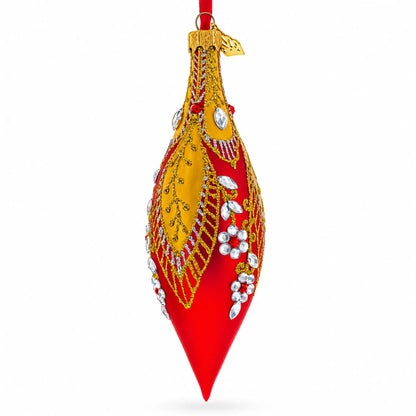 Red and Gold Jewel-Encrusted Elongated Pointed Teardrop Finial Glass Christmas Ornament