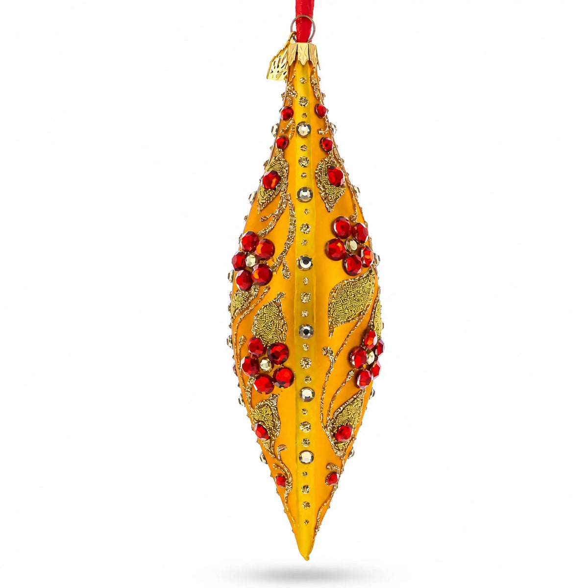 Gold and Red Floral Jeweled Elongated Pointed Teardrop Finial Glass Christmas Ornament