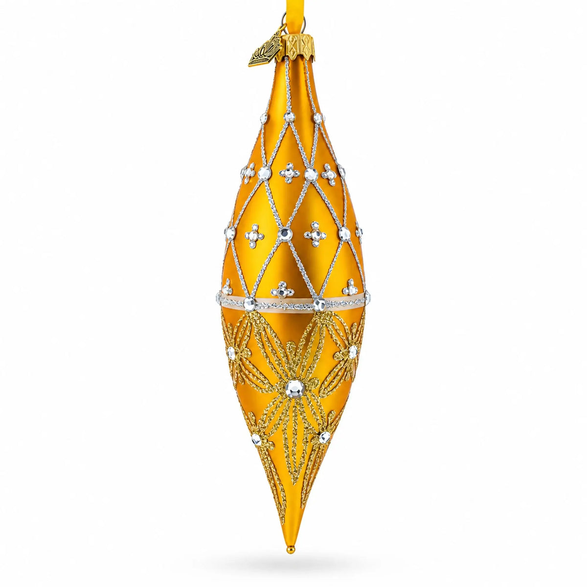 Golden Lattice and Floral Pattern Jeweled Elongated Pointed Teardrop Finial Glass Christmas Ornament