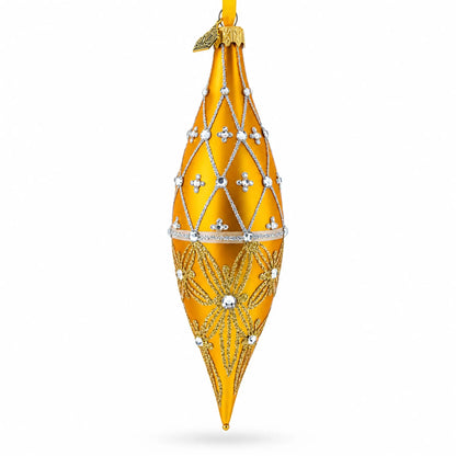 Golden Lattice and Floral Pattern Jeweled Elongated Pointed Teardrop Finial Glass Christmas Ornament