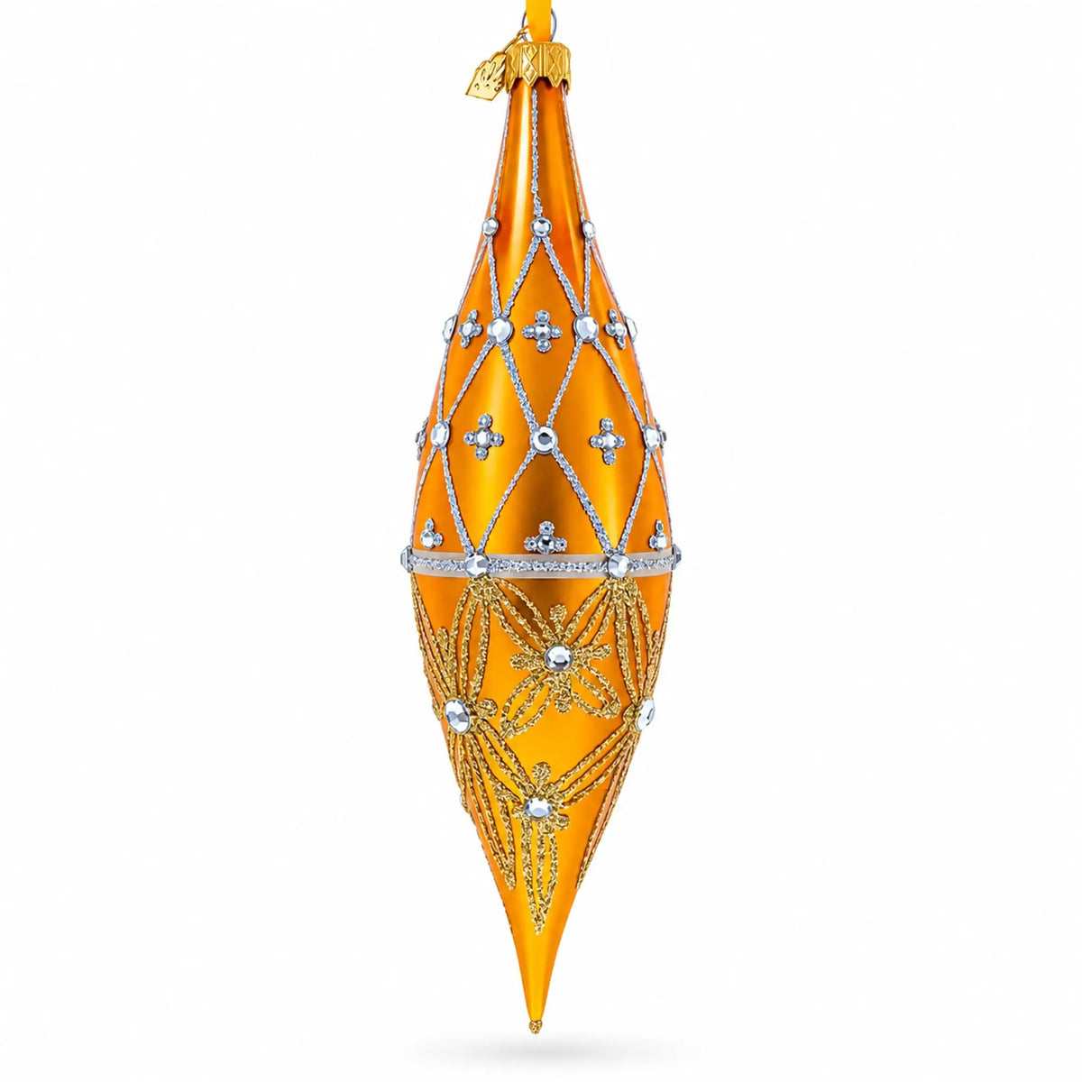 Golden Lattice and Floral Pattern Jeweled Elongated Pointed Teardrop Finial Glass Christmas Ornament