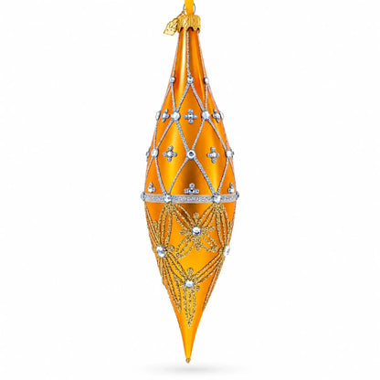 Golden Lattice and Floral Pattern Jeweled Elongated Pointed Teardrop Finial Glass Christmas Ornament