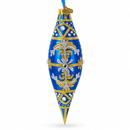 Royal Blue and Gold Snowflake Jeweled Elongated Pointed Teardrop Finial Glass Christmas Ornament