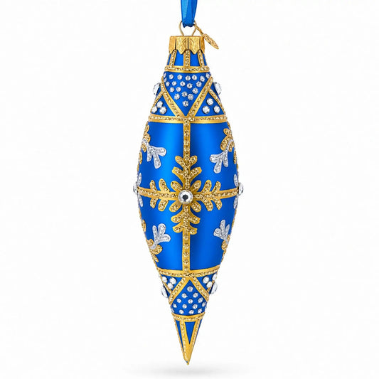 Royal Blue and Gold Snowflake Jeweled Elongated Pointed Teardrop Finial Glass Christmas Ornament BestPysanky Default Title Default Title-