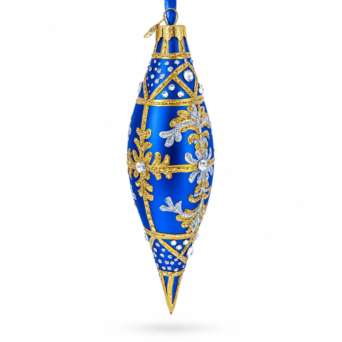 Royal Blue and Gold Snowflake Jeweled Elongated Pointed Teardrop Finial Glass Christmas Ornament