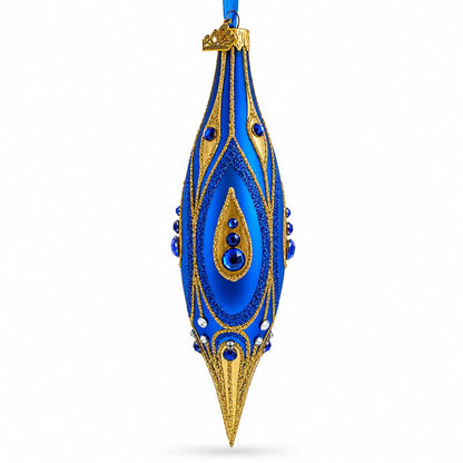 Royal Blue and Gold Jeweled Elongated Pointed Teardrop Finial Glass Christmas Ornament