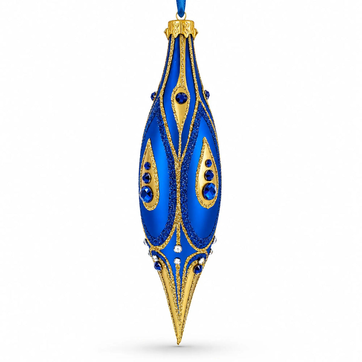 Royal Blue and Gold Jeweled Elongated Pointed Teardrop Finial Glass Christmas Ornament