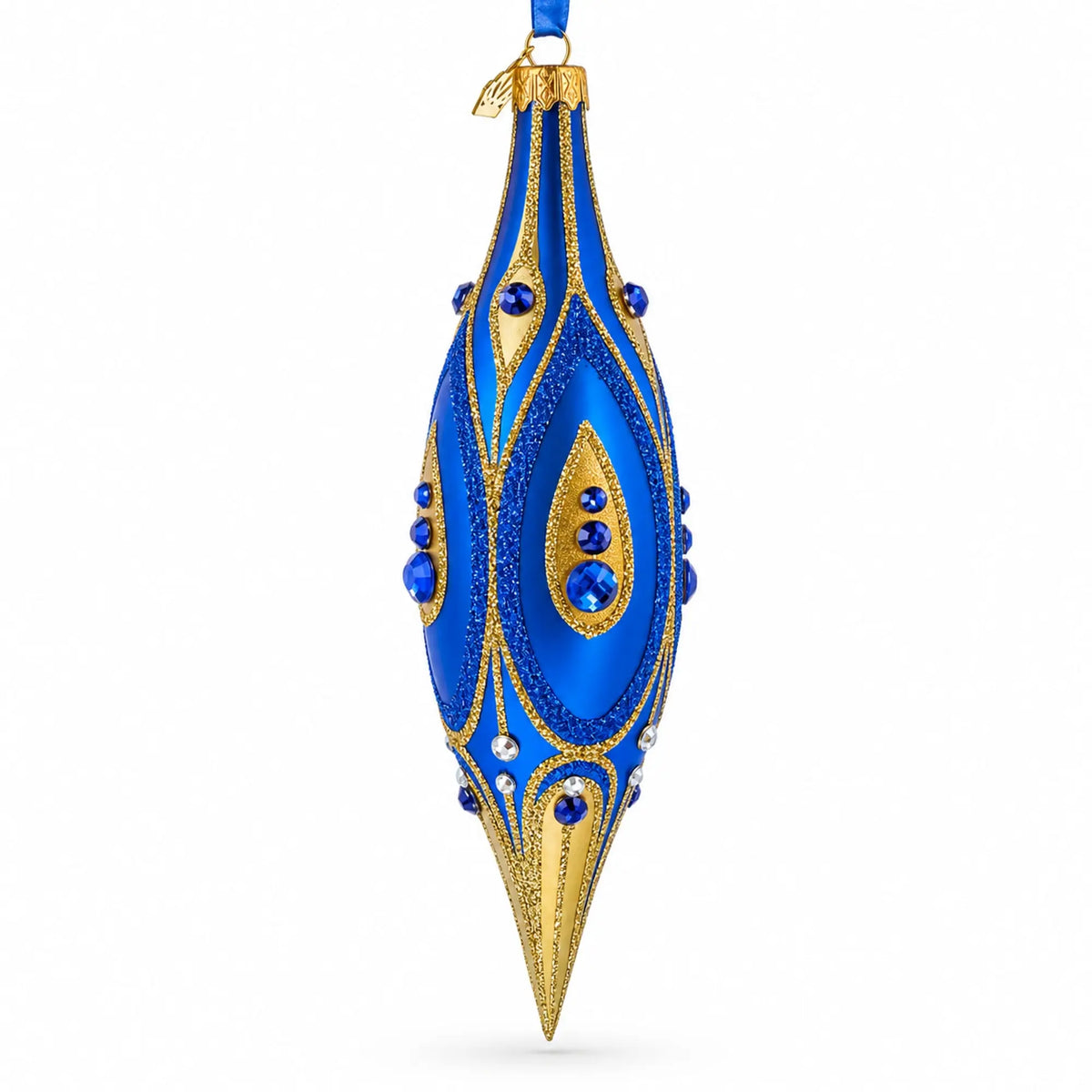 Royal Blue and Gold Jeweled Elongated Pointed Teardrop Finial Glass Christmas Ornament