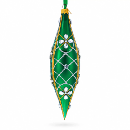 Emerald Jeweled Lattice Elongated Pointed Teardrop Finial Glass Christmas Ornament