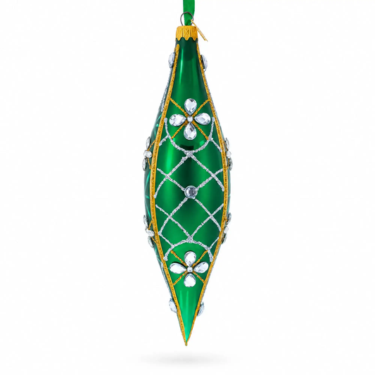 Emerald Jeweled Lattice Elongated Pointed Teardrop Finial Glass Christmas Ornament BestPysanky Default Title Default Title-