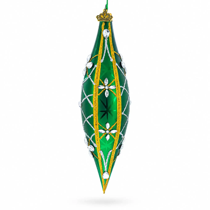 Emerald Jeweled Lattice Elongated Pointed Teardrop Finial Glass Christmas Ornament